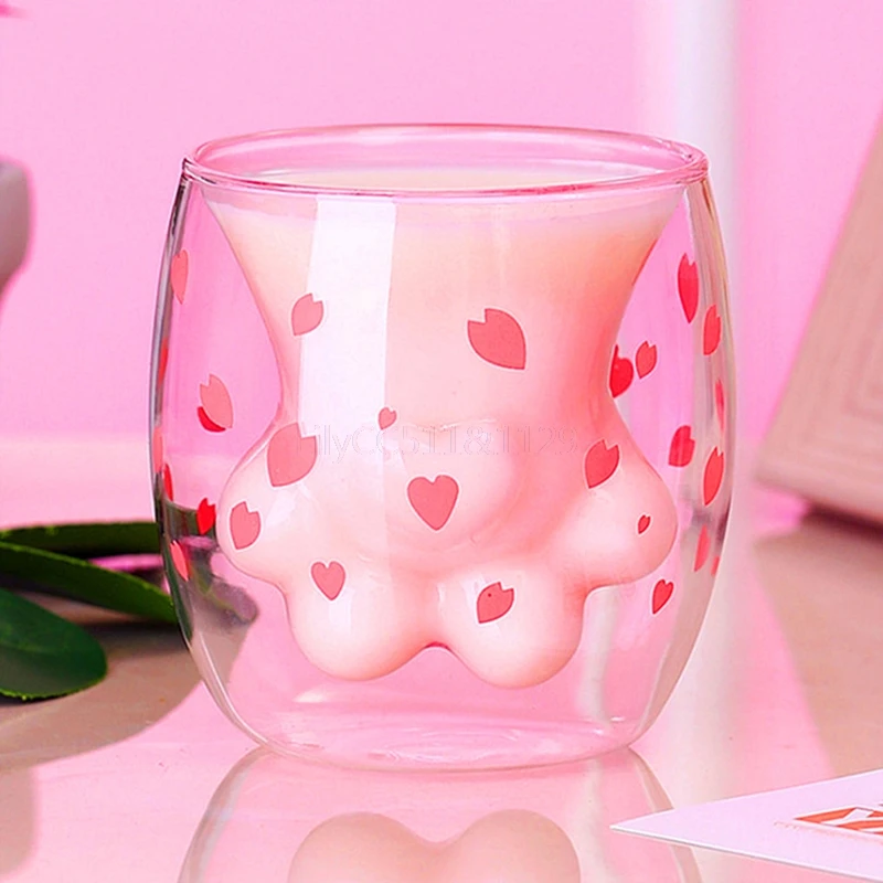 Creative Cute Transparent Cat Paw Glass Mug Double Layer Coffee Tea Cup Household Milk Juice Insulated | Дом и сад