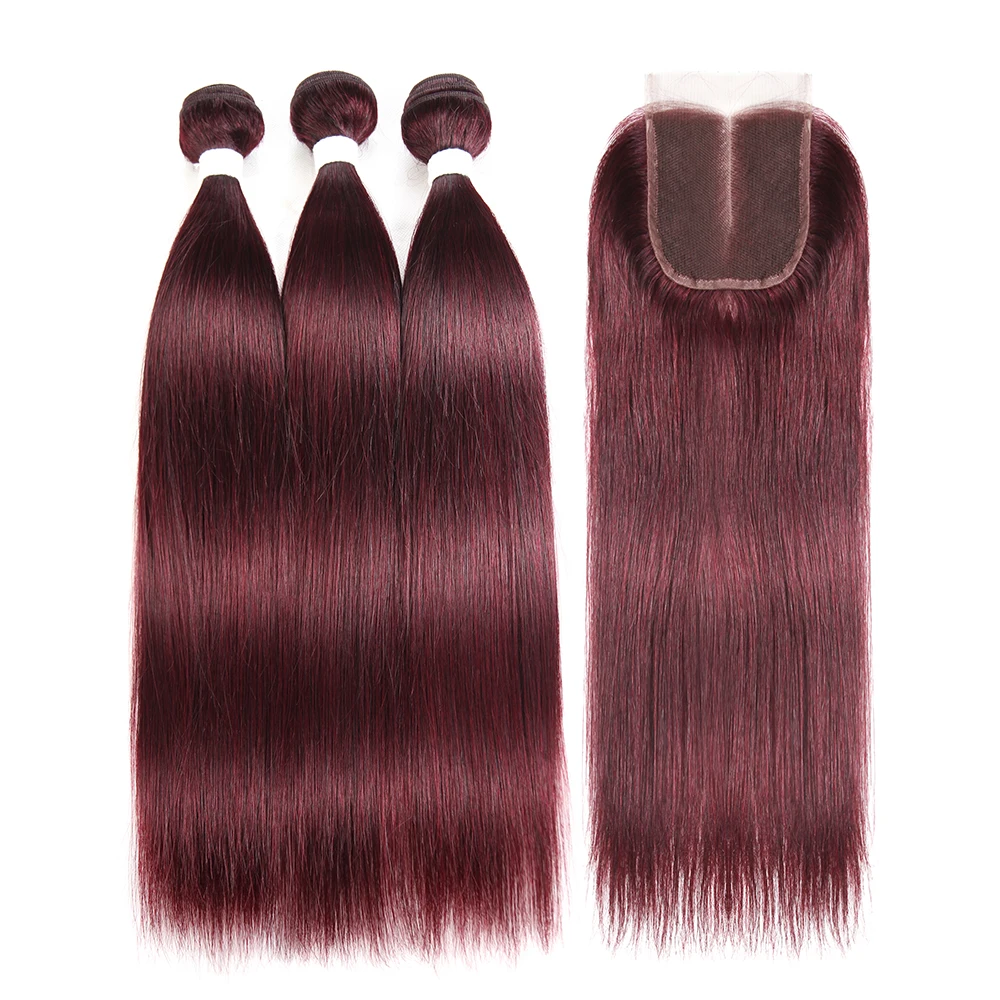 99J/Burgundy Red Color Straight Human Hair Weaves 3 Bundles With 4*4 Lace Closure Remy Hair Weft Extensions 