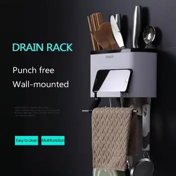 

Wall-mounted Chopsticks tube Drain Holder with Hook Multifunction Kitchen Accessories Tableware Spoon utensils StorageTowel Rack