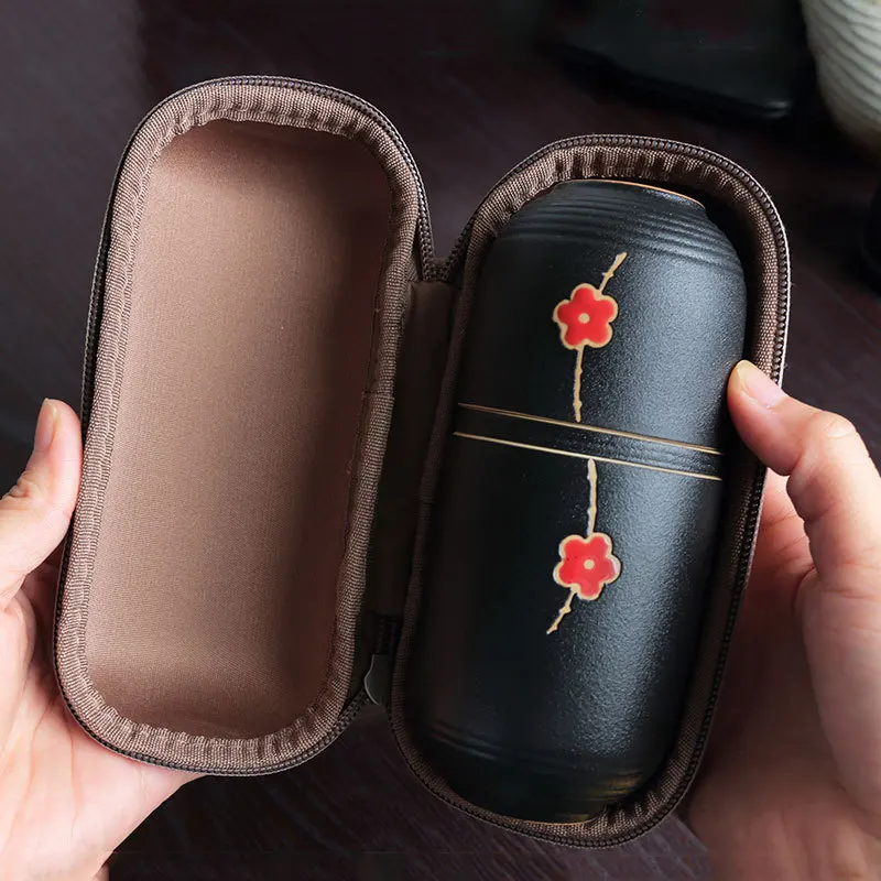

Portable Black Pottery Concentric Cup Plum Blossom Travel Express One Pot, Three Cups with Ceramic Filter Office Gifts