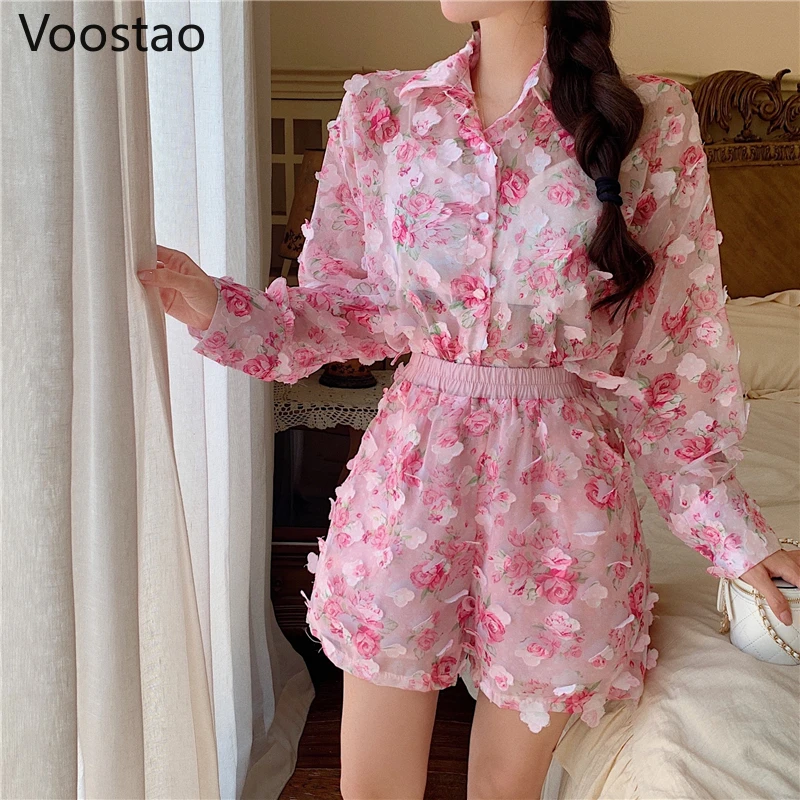 Elegant Fashion Two Piece Set Women Korean Square Collar Floral Print Bow Puff Sleeve Blouse Crop Tops High Waist Shorts Skirts white co ord set