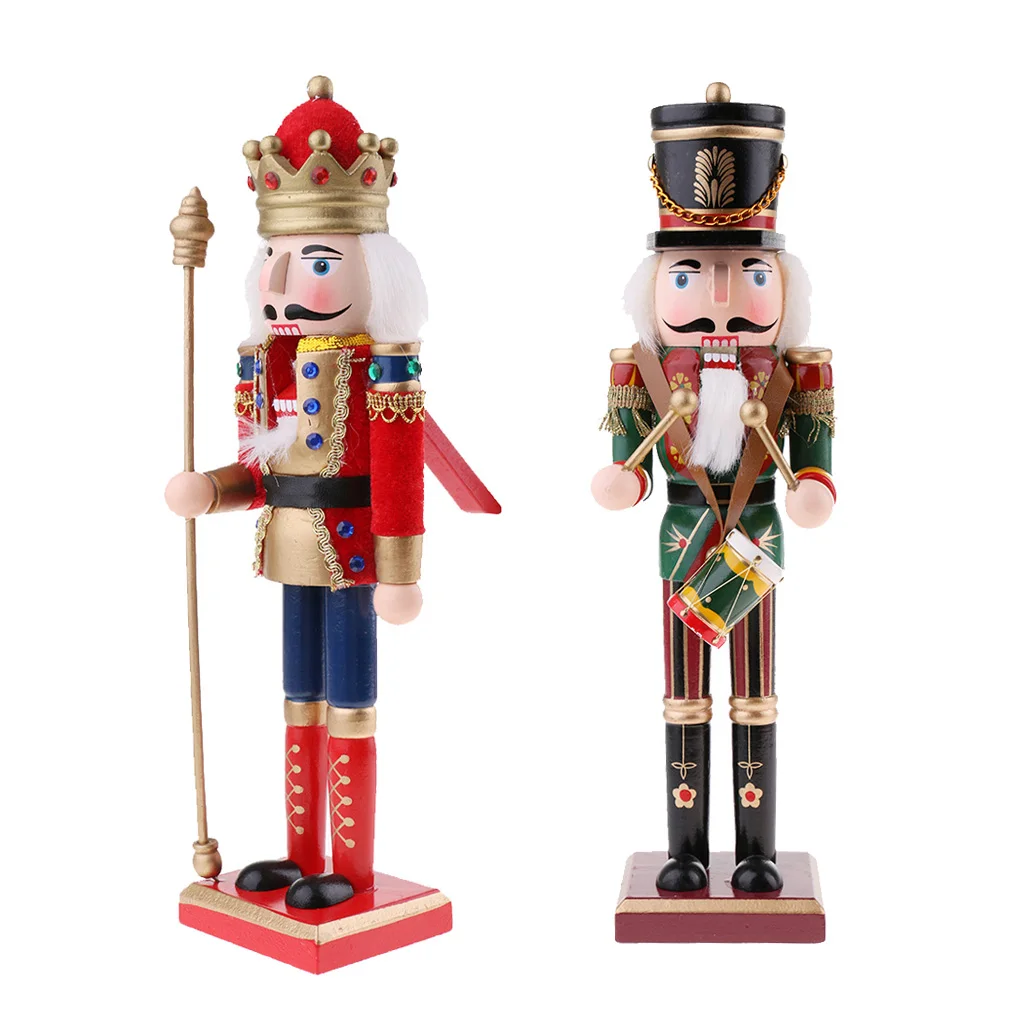 2 Pieces/Lot 30cm Hand Painted Wooden Nutcracker King Drummer Solider Figurine Puppet Doll Toy Birthday Gift Home Desk Decor