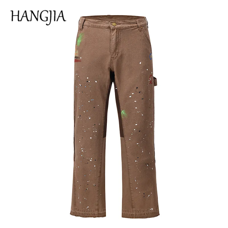 2023 Streetwear Graffiti Cargo Flared Jeans Khaki Black Splash Ink Wide Leg Denim Pant Hip Hop Cargo Trousers Jean Men