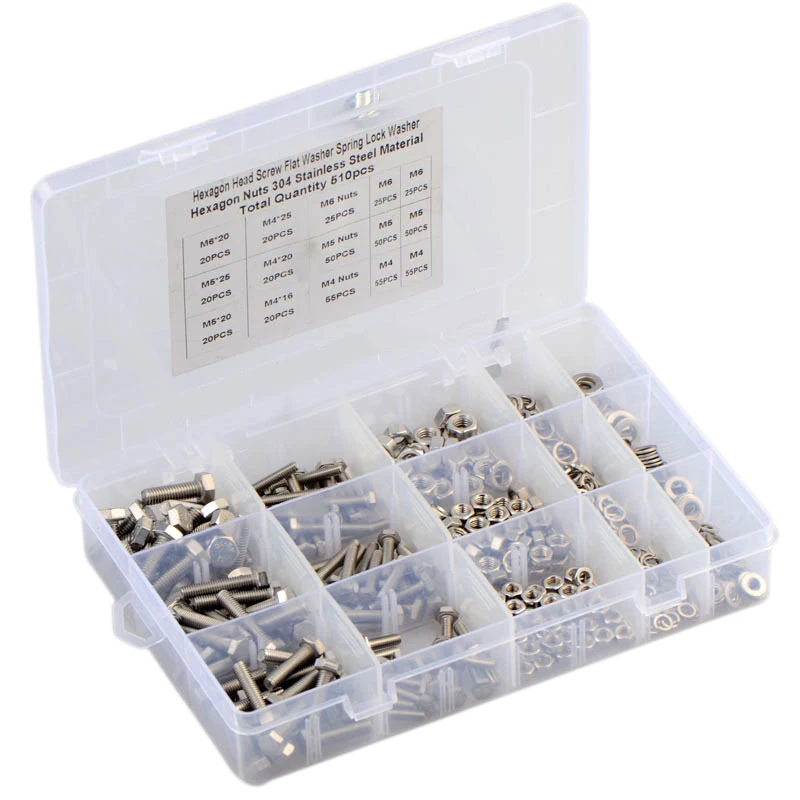 

510Pcs M4/5/6 Stainless Steel Metric Hex Flat Head Bolts Screws Nuts Flat and Lock Washers Assortment Kit