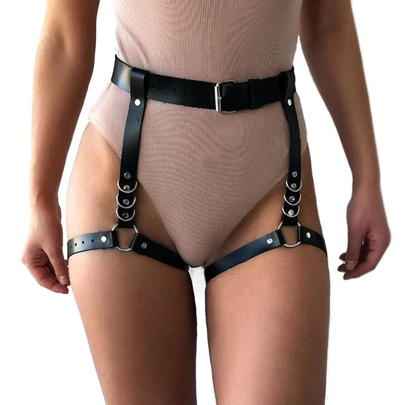 Sexy Women Leather Belt Body Bondage Waist Belt to Leg Harness Harajuku Gothic Femme Leg Ring Body Straps Appeal Accessories