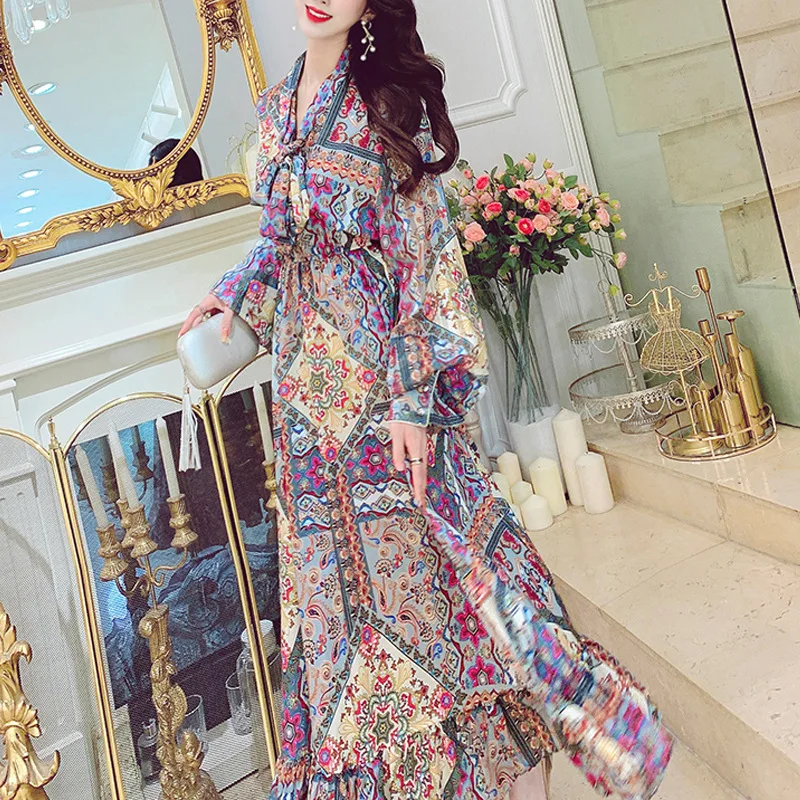Holiday national style printed chiffon dress lantern sleeve autumn dress 2020 new female Office Lady  Sheath  Knee-Length