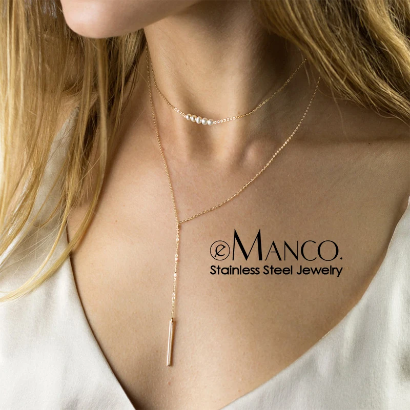 eManco Double Layered Beads Choker Necklace for Women Long Stick Pendant Stainless Steel Fashion Jewelry Drop Shipping | Украшения и