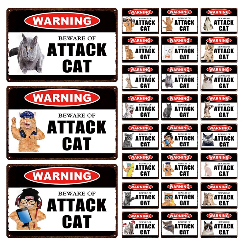 

Warning Tin Sign Beware Of Attacking Cat Metal Painting Retro Anti-fading Cute Funny Cat Decorative Plaque For The Wall 20x30cm