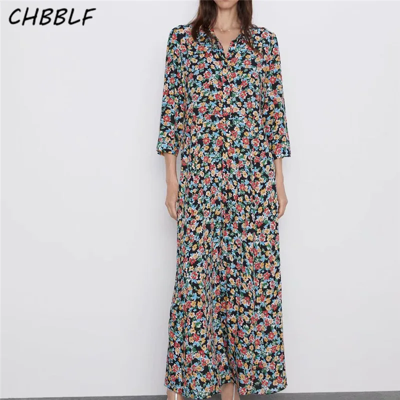 

CHBBLF women vintage floral print midi dress bow tie sashes female casual long sleeve dresses mid calf dresses vestidos XDN8964