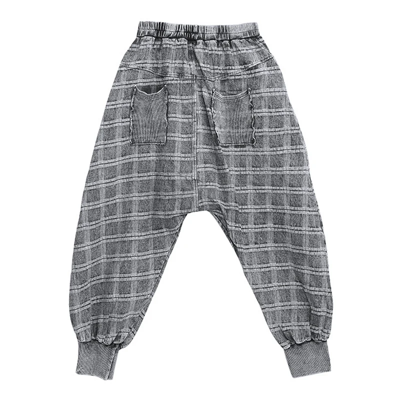 [EAM] High Elastic Waist Black Denim Plaid Harem Trousers New Loose Fit Pants Women Fashion Tide Spring Autumn 2020 1DA090