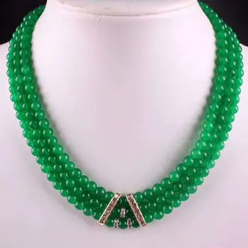 

Fashion Jewelry! 3Rows 6mm Natural Green Jade Round beads Necklace AAA Grade