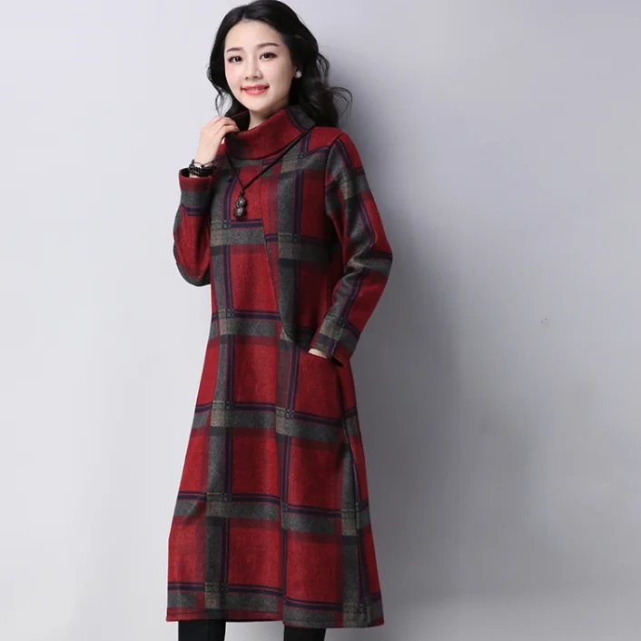 Женское винтажное платье в клетку свободное шерстяное хлопковое с длинным
