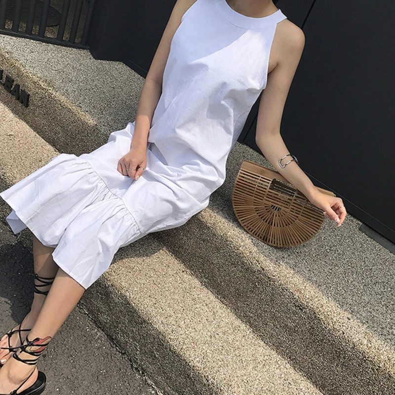 

New Arrival Summer Korean Style Women Loose Casual Sleeveless Tank Dress All-matched O-neck Pullover Cotton Linen Dresses B397