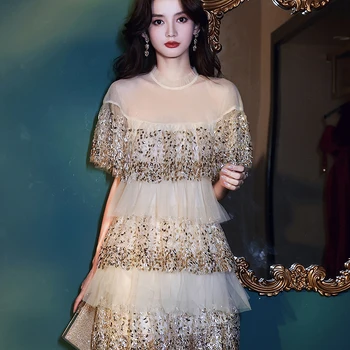 Elegant Women Party Shiny Sequin Embroidery Dress Ladies Ruffles Pleated Tulle Dress See Through Gauze Layered Dress