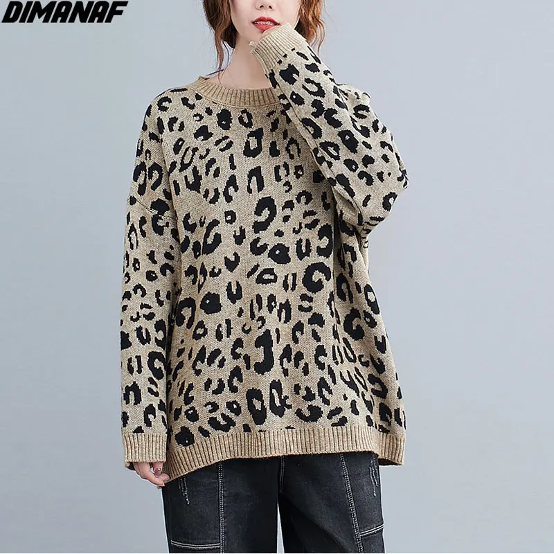 

DIMANAF 2020 Plus Size Women Sweaters Leopard Print Knitting Warm Pullover Fashio Casual Style Vintage Autumn New Loose Tees