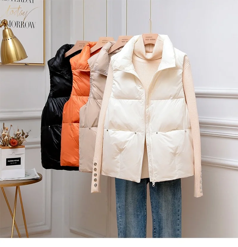 

2021 New Autumn Winter Down Vest Jacket Women Casual Sleeveless Short Down Coat Vests Female Strand Collar Solid Parka Outerwear