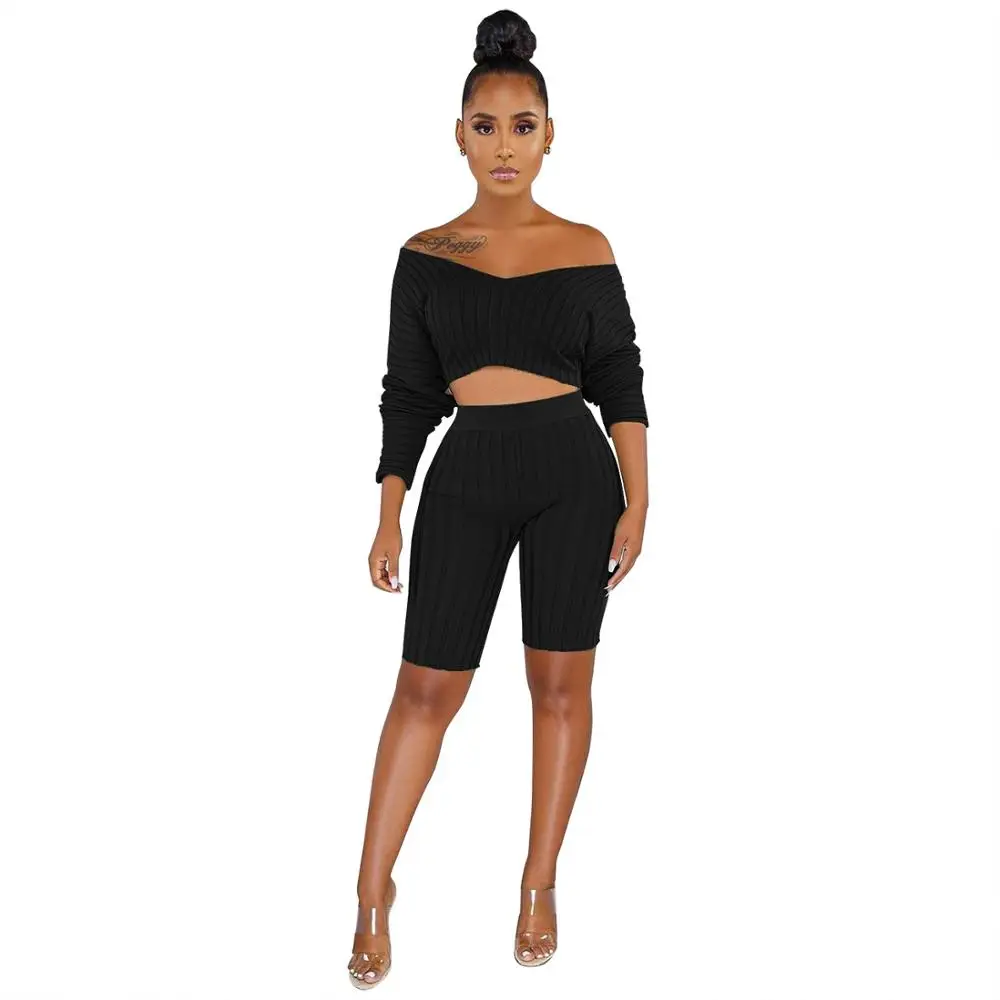 Echoine Women Two peice Sets One-shoulder striped long-sleeved shorts two-piece suit | Женская одежда