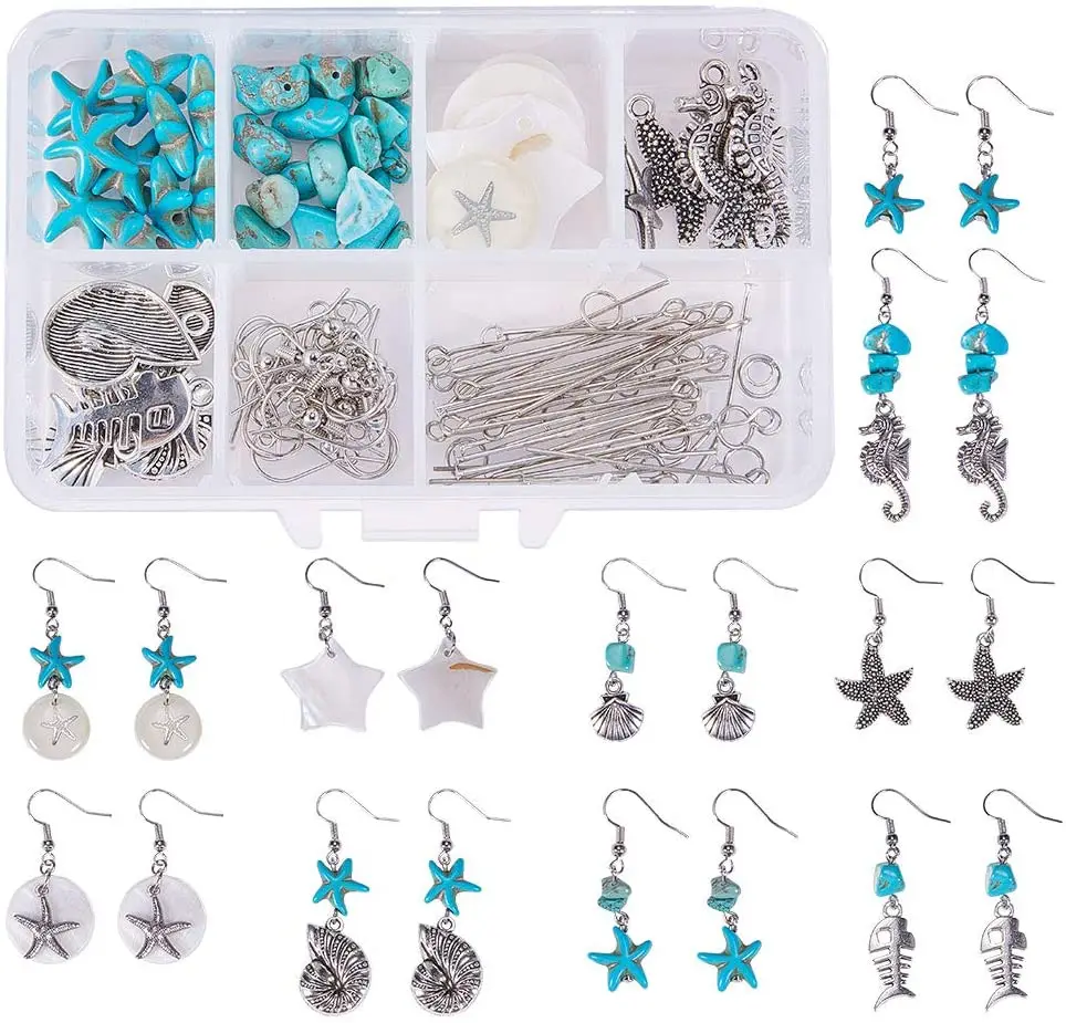 

1 Box 10 Pairs Starfish Seahorse Shell Dangle Earring Making Starter Supplies Kit - DIY Make Drop Earrings, Ocean Beach Theme