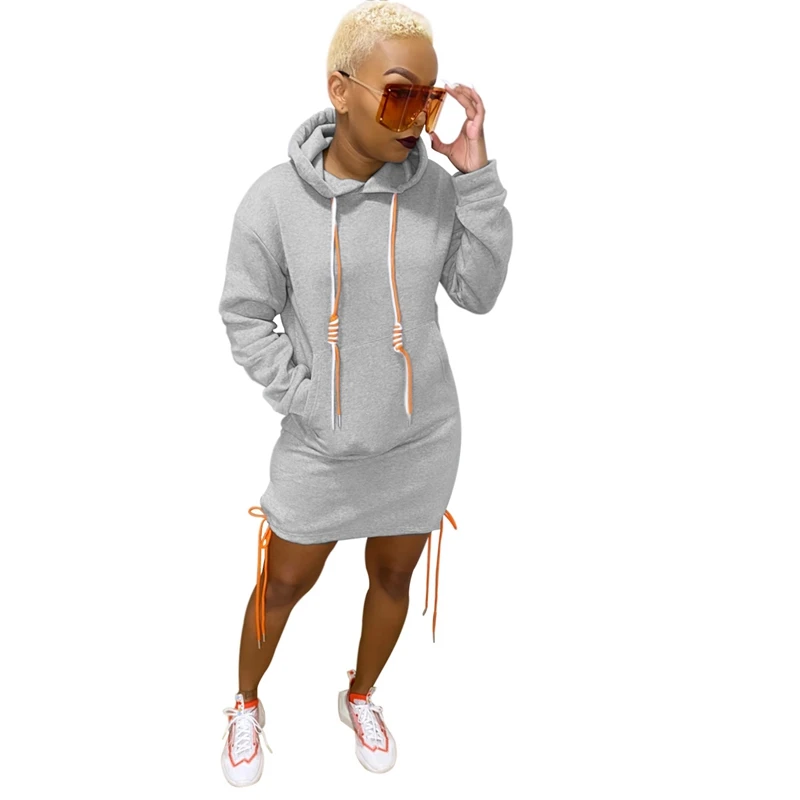 

Autumn Pink Long Sleeve Mini Dress Women Clothing Hooded Bodycon Dress with Pockets Drawstring Pullover Short Dresses for Women