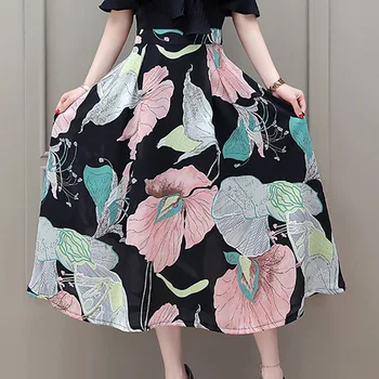 

Floral Midi Skirt Women High Waist Print Zipper Skirts Summer Elegant Skirt Woman Skirts