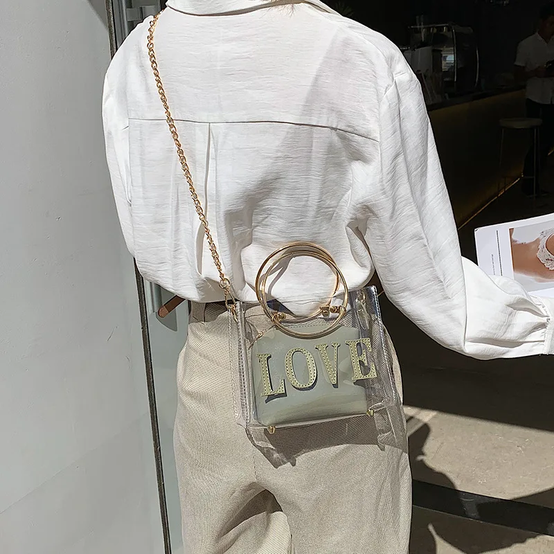 

Transparent bag new 2019 summer portable mother bag small square bag LOVE chain shoulder Messenger bag