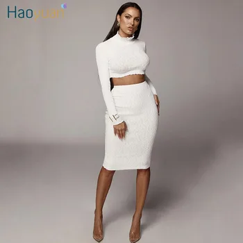 

ZOOEFFBB Two Piece Knitted Set Women Fall Winter Outfits Long Sleeve Crop Sweater Top and Skirt Suits Sexy 2 Piece Matching Sets