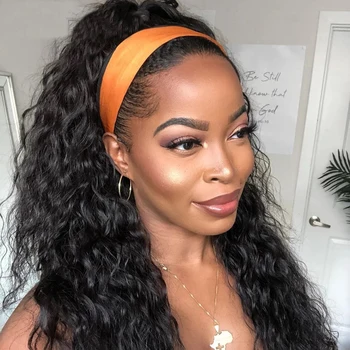 

Half Human Hair Wigs With Headband For Black Women Brazilian Water Wave Remy Natural Color Glueless Headband Wig Human Hair