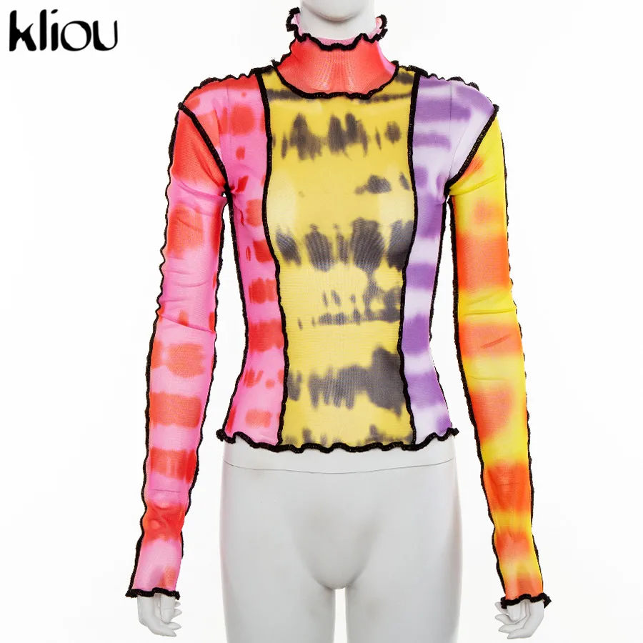Kliou new Breathable women print t-shirt mesh material ruffles turtleneck full sleeve crop top female sexy Slim fit tops