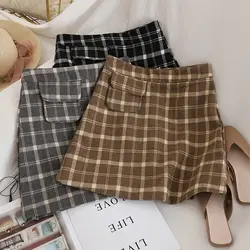 Весна-Осень 2019, винтажная юбка трапециевидной формы, клетчатые хлопковые юбки для девочек, школьная одежда с одним карманом