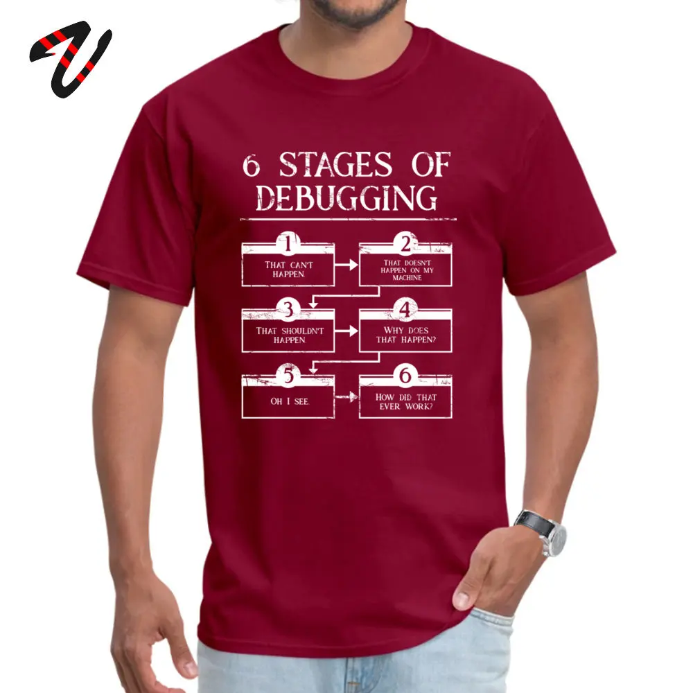 StagesOfDebuggingComputerProgramming Pure Cotton Mens Tops T Shirt Street Mother Day T-Shirt Brand New O-Neck Clothing Shirt 6_Stages_Of_Debugging_Computer_Programming_102 maroon