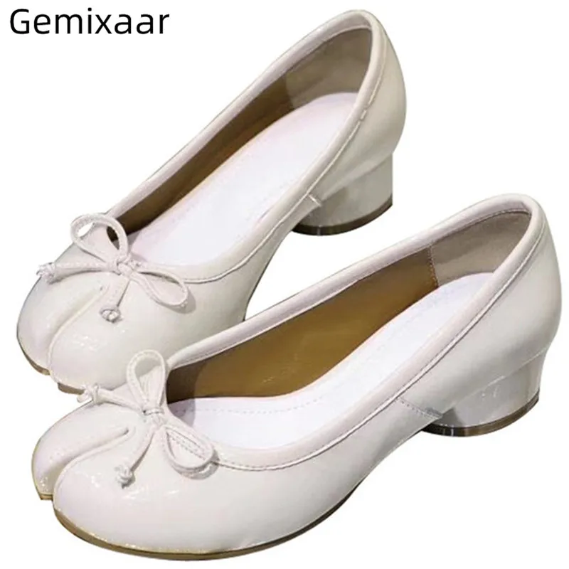 

White Genuine Leather Casual Woman Shoes Splited Toe Thick Round Low Heel Slim Shallow Decor Bow Knot Big Size Zapatos de mujer