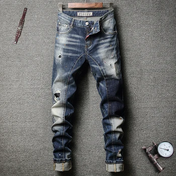 

Italian Style Fashion Men Jeans Retro Blue White Wash Ripped Jeans Streetwear Slim Fit Vintage Designer Jeans Men Hip Hop Pants