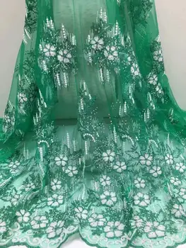 

Exclusive turquoise green African french lace mix Guipure cord lace fabric borders lots of Stones tulle lace fabric 5 yards/lot