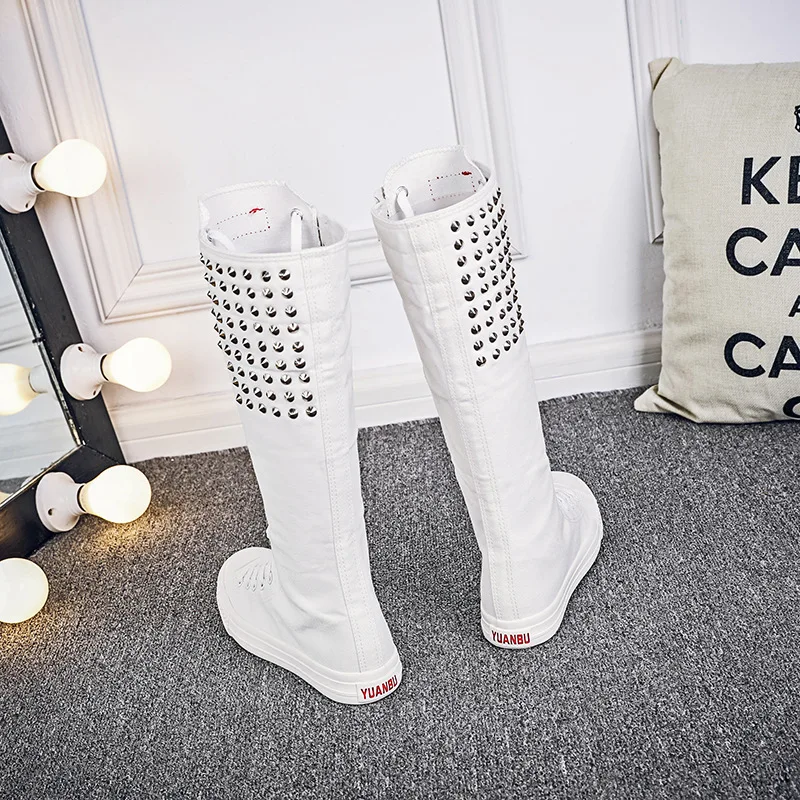 New Spring Autumn Women Shoes Canvas Punk Casual High Top Shoes Long Boots Lace-Up Zipper Comfortable Flat Boots Sneakers