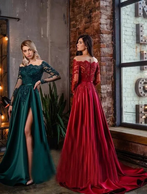 

Elegant Long Sleeve Satin Boat Neck Lace Evening Dresses with Pockets A-Line Zipper Back Robes De Mariée Party Gowns For Women