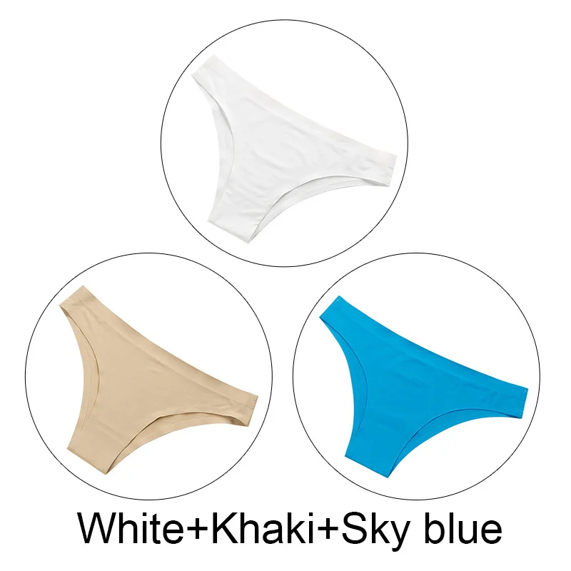 White Khaki Skyblue 3 шт./партия, бесшовные стринги, шелк льда, соблазнительные женские трусики, нижнее белье, стринги, однотонное нижнее белье, низкая посадка, большие размеры, трусы женские - Цвет: White Khaki Skyblue
