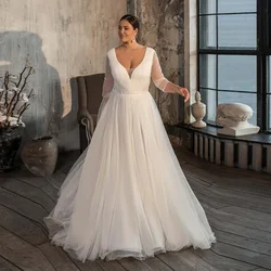 Elegant Simple Wedding Dresses Plus Size Women V Neck Long Sleeves Pleats Bridal Gown with Appliqued Sashes Vestidos De Noiva