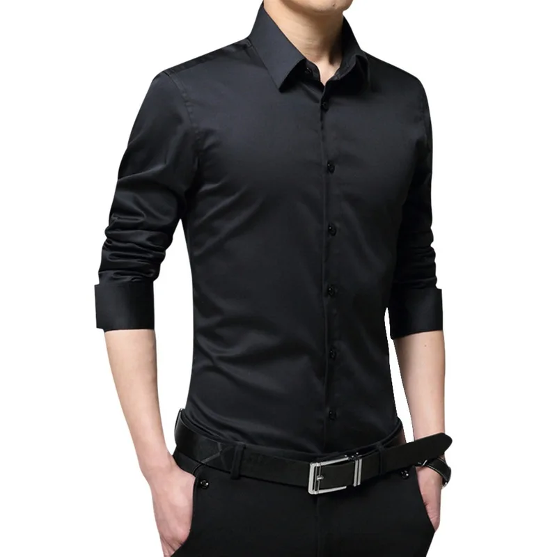 Весенняя рубашка с длинным рукавом и отложным воротником, мужская рубашка, приталенная однотонная деловая рубашка Camisa Masculina, мужские топы, официальная сорочка Homme - Цвет: black