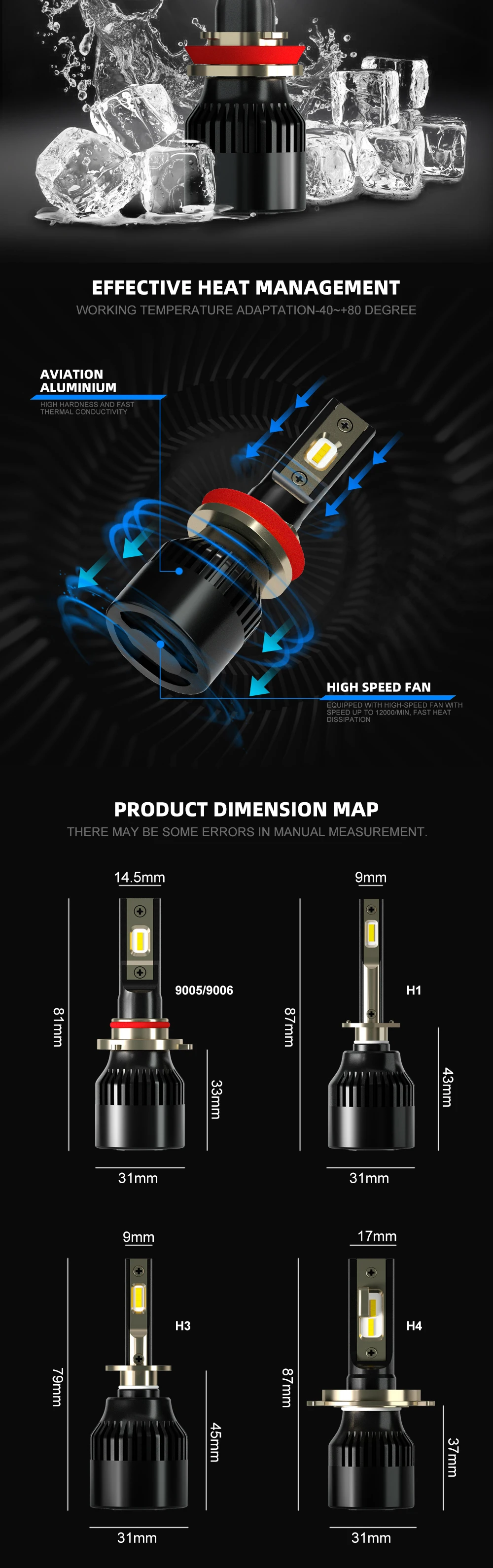 1 Pair ECAHAYAKU High intensity Car LED Headlight Kit H1 H4 H7 H11 9005 9006 HB3 HB4 H8 H9 9003 HB2 6000K LED Fog Lamp Bulbs 12V