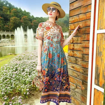 

Small Stand-up Collar Retro Silk Dress Female Spring And Summer New Print Short-Sleeved High Waist A-line Dress S -XL