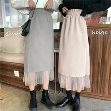 Faldas mujer moda юбки с высокой талией в стиле ампир до колен, прямые Лоскутные Повседневные осенне-зимние новые женские сетчатые юбки