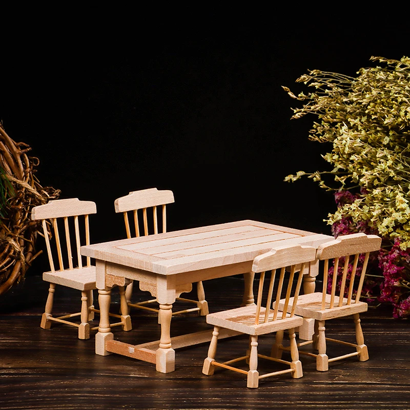 Dollhouse Dining Room Kitchen Furniture Natural Dining Table Chairs Set 1/12 Dollhouse Furniture