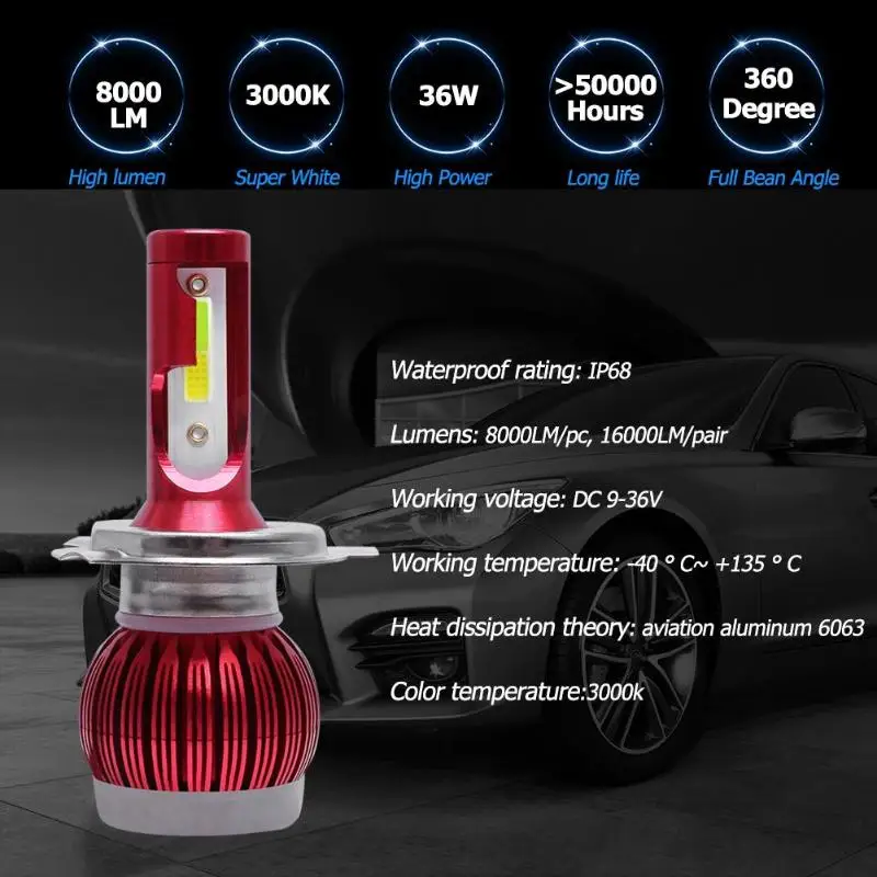 VODOOL 1 пара мини H4 светодиодный фары автомобиля фонари, лампы 8000LM 6000k+ 3000k Hi-Lo луч бескорпусный светодиод авто фары лампы красный