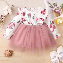 Ecavus – robe princesse à manches longues pour bébé fille, vêtement Tutu en gaze, Design imprimé, rose, printemps
