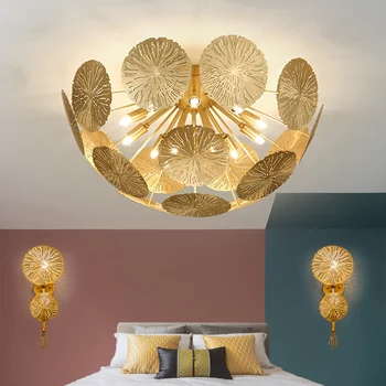 

Luxury copper lotus leaf chandelier lighting bedroom dining living room home decor creative design LED lamp