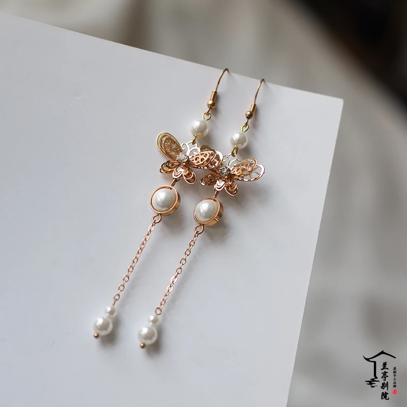 dieyu earrings Xi Ting Mu, ручная работа, золотой цветок, тиара, длинные кисточки, павильоны, палочки для волос, Hanfu, украшения для волос, косплей, драма, аксессуары для волос - Цвет: dieyu earrings