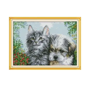 

Cross Stitch Kits Embroidery Needlework Sets DMC 11CT 14CT Kitten and Puppy Cross Stitch Patterns Animal Style Cross Stitch Kits