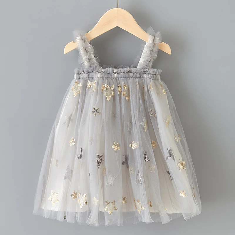 

Girls Princess Dress New Summer Kids Party Dresses Cute Sequin Stars Outfits Lace Mesh Girl Children Vestidos Girls Dress 1-6 Y