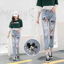 S-3XL, Harajuku, высокая талия, женские джинсы, шикарные, с дырками, с милым рисунком Микки, с вышивкой, для студентов, джинсовые штаны, хлопковые, свободные