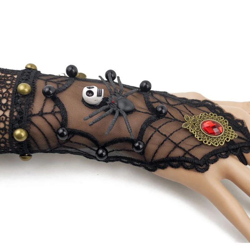 New-Halloween Spider Web Lace Ring Bracelet Gothic Skull Spider Necklace Women's Party Jewelry Set
